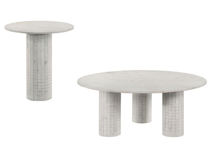Preston - 2 Piece Coffee And End Table Set With Cylindrical Pedestal Bases, Round Design - White
