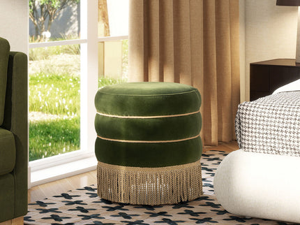 Edward - Round Upholstered Ottoman With Bullion Fringe - Olive Green