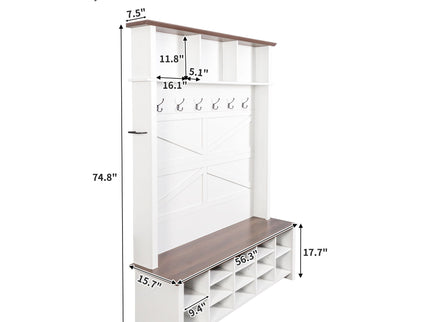 4 In 1 Hall Tree With 6 Hooks, Entryway Bench With Adjustable Shelves - White