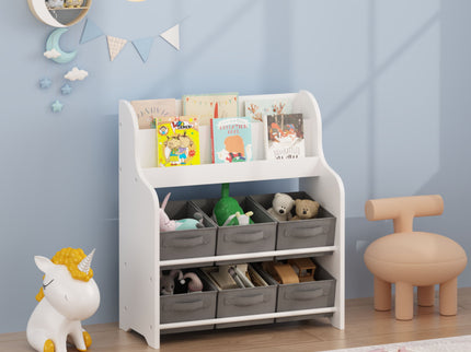 Bookshelf With 6 Storage Bins, Multi Functional Children's Bookcase And Toy Organizer - White