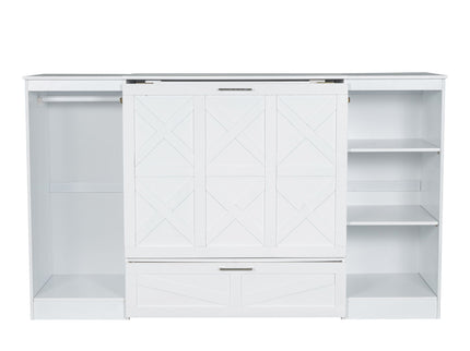 Twin Size Murphy Bed With Bedside Shelves And Wardrobe - White