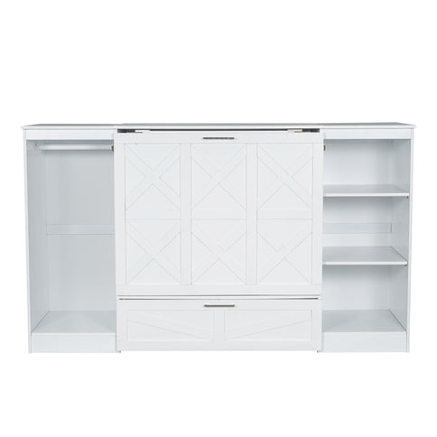 Twin Size Murphy Bed With Bedside Shelves And Wardrobe - White