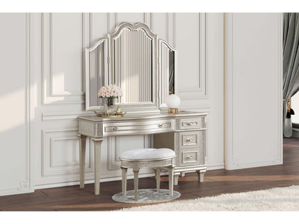 Colwood - Upholstered Oval Vanity Stool With Glitter Trim Seat - Silver Gray