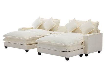 Sectional Sofa Upholstered Sofa With Two Removable Ottoman, Two USB Ports, Two Cup Holders And Large Storage Box For Living Room