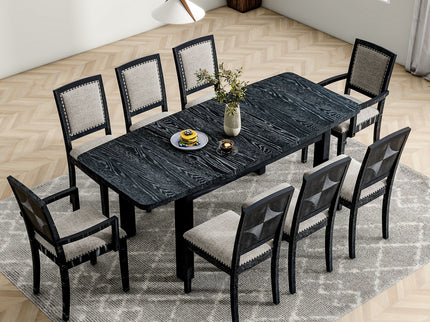Topmax - Rustic Extendable Dining Table Set With Removable Leaf, 6 Upholstered Armless Dining Chairs And 2 Padded Arm Chairs, 9 Pieces