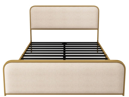 Queen Size Bed Frame With Curved Upholstered Headboard And Footboard - Beige / Gold