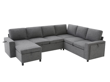 U - Shaped Convertible Sectional Sofa Bed With Storage, USB Charger & Cup Holders