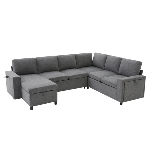 U - Shaped Convertible Sectional Sofa Bed With Storage, USB Charger & Cup Holders
