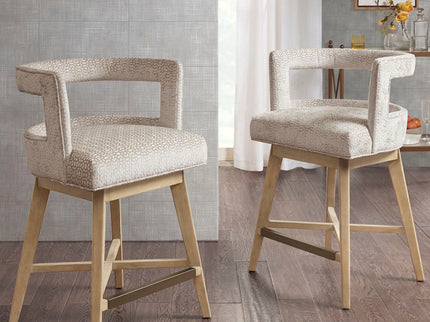 Design Swivel Counter Stool With Low Back Support Polyester And Solid Wood - Cream