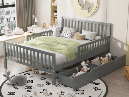 Platform Bed With Guardrails On Both Sides And 2 Storage Drawers