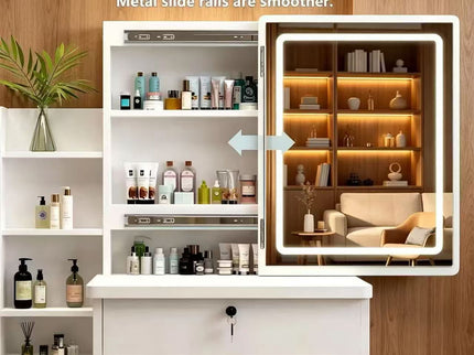 Vanity Set With LED Mirror, Storage Dressing Table & Cushioned Stool - Cream White