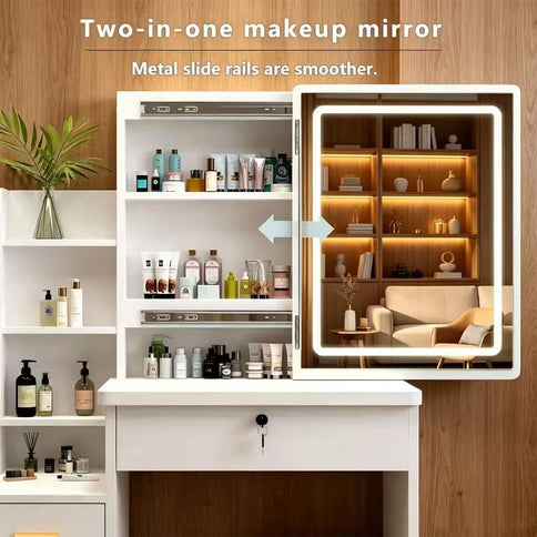 Vanity Set With LED Mirror, Storage Dressing Table & Cushioned Stool - Cream White