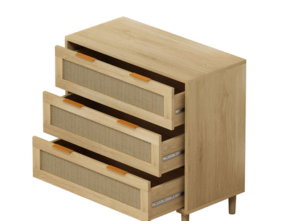 3 Drawer Storage Cabinet With Rattan Drawers For Bedroom, Living Room - Oak