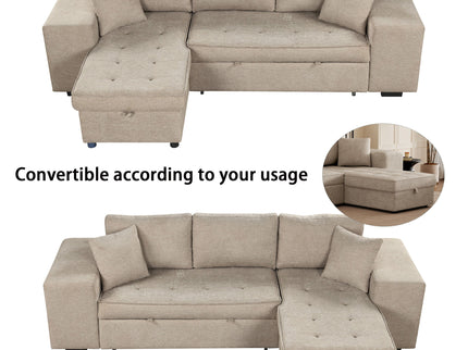 Modern L-Shape 3 Seat Reversible Sectional Couch, Pull Out Sleeper Sofa With Storage Chaise And 2 Stools For Living Room Furniture Set
