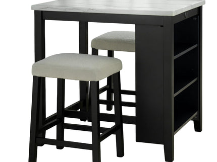 Dining Table Set With Storage Shelves, 3 Piece With 2 Stools - Black / Ivory / White