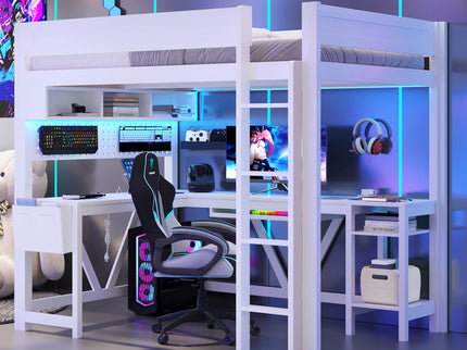 Gaming Loft Bed With Desk, Storage Shelves, LED And Charging Station