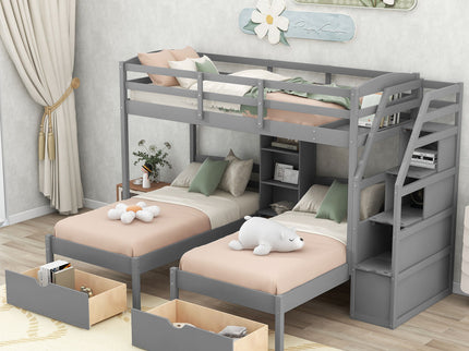 Twin Over Twin & Twin Bunk Bed With Drawers, Staircase Storage, Built In Shelves - Gray