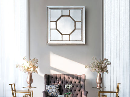 Antique Style Decorative Square Wall Mirror With Mirrored Frame, Wall Decor For Living Room Entryway, Console Lean Against Wall - Silver