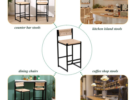 Bar Stools Paper Rope Weave Dining Chairs With Back Hand Weave Stools For Kichen Island, Bar & Counter (Set of 2)