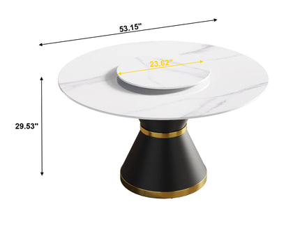 53" Modern Artificial Stone Round Carbon Steel Base Dining Table, Can Accommodate 6 People, Artificial Stone Turntable - White / Black