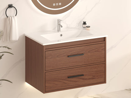 Wall Mounting Bathroom Vanity With Soft Close 2 Drawer, Sink - Reddish Brown