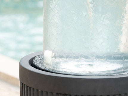 Heavy Cement Round Ribbed Outdoor Water Fountain With Light - Black White