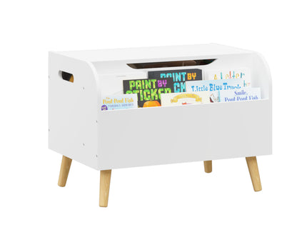 Toy Box With Front Bookshelf, Flip Top Lid, Safety Hinge For Kids Room Organization - White