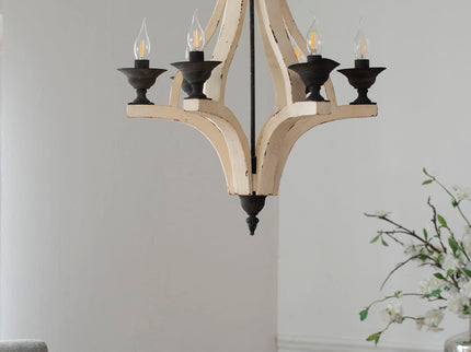 6 Light Wood Chandelier, Hanging Light Fixture With Adjustable Chain For Kitchen, Bulb Not Included - Cream