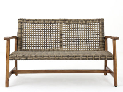 Outdoor Rattan Loveseat With Wooden Legs - Brown