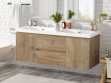 Double Sink Bathroom Vanity, Cabinet & Soft Close Doors, Divided Drawers, Wall Mounted Storage - Wood