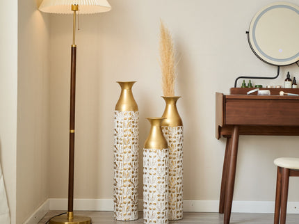 Mother's Day Gift Set Gilded White 3D Relief Flower Metal Vase Set - White / Gold