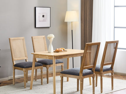 French Country Dining Chair With Rectangular Cane Backrest And Smooth Upholstered Seating