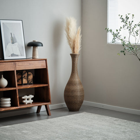 Tall Artificial Rattan Floor Vase In Elegant Statement Piece For Living Room Decor, Entryway, Or Hallway Versatile Home Accent For Dried Or Silk Floral Arrangements - Beige / Gray