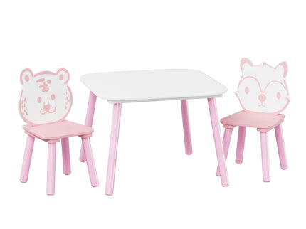 Table And Chair Set, 3 Piece Wooden Toddler Desk With Animal Backrest - Pink / White