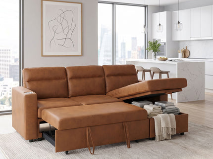 Convertible L - Shaped Sectional Sofa Bed With Storage Chaise, Cup Holders