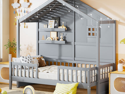 House Bed With Shelves, Window And Sparkling Light Strip On The Roof