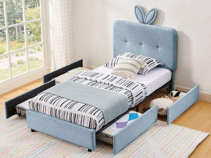 Upholstered Bed With Oversized Rabbit Ear Headboard, LED Lights & 4 Storage Drawers