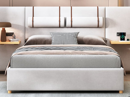 Upholstered Platform Bed, 2 Outlets And USB Charging Ports On Both Sides, 2 Bedside Pillows, Storage Shelves