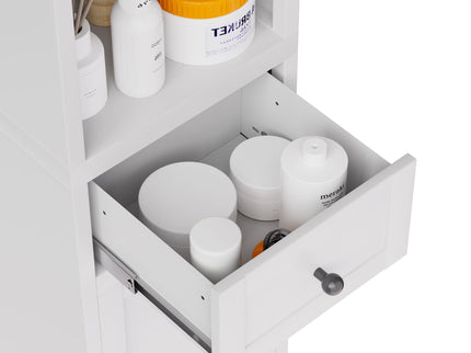 Tall Bathroom Storage Cabinet, 5-Tier Narrow With 2 Doors & Adjustable Shelves, Freestanding - White