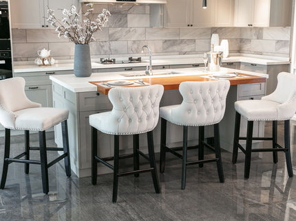 Contemporary Upholstered Wing-Back Barstools With Button Tufted Decoration And Wooden Legs, And Nailhead Trim, Leisure Style Bar Chairs, Bar Stools (Set of 2)