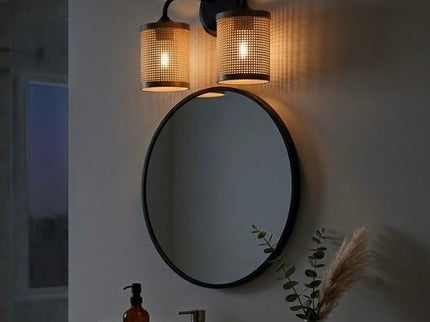 Quell - Double Light Vanity With Natural Shade Wall Lamp - Black / Rattan