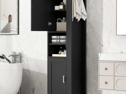 Tall Freestanding Bathroom Storage Cabinet With Adjustable Shelves And Side Hooks Board, Rectangle Design