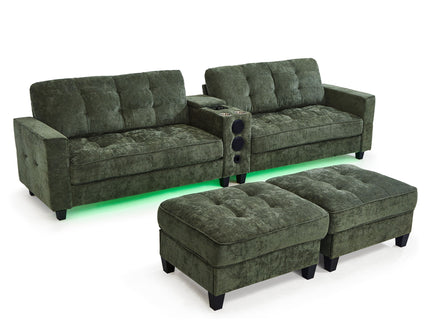 Modern Sectional Sofa U-Shaped With Movable Ottomans, tooth Speakers, LED Lights And Modular Storage