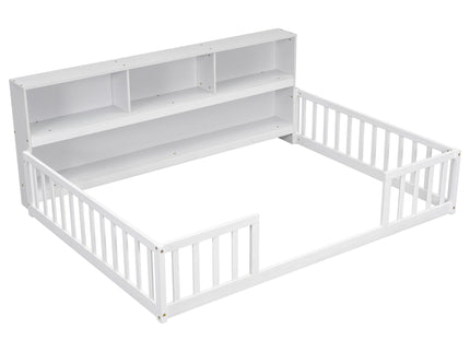 Floor Bed With Side Bookcase, Shelves, Guardrails