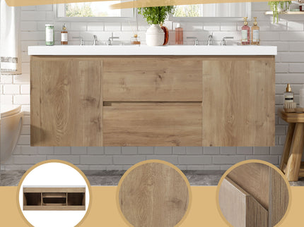 Double Sink Bathroom Vanity, Cabinet & Soft Close Doors, Divided Drawers, Wall Mounted Storage - Wood