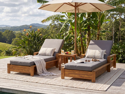 Chaise Lounge With Armrests, 2 Fold Cushion Set, 3 Position Adjustable Backrest, For Patio Pool - Dark Gray / Teak