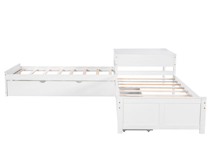 L Shaped Platform Bed With Trundle And Drawers Linked With Built In Desk