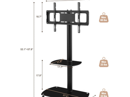 Height And Angle Adjustable Multi-Function Tempered Glass Metal Frame Floor With Lockable Wheels Mobile TV Stand, Lcd / Plasma TV Bracket 2 Tier Tempered Glass Shelves For Multiple Media Devices - Black