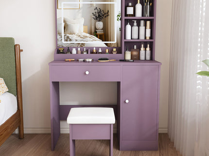 Vanity Desk Set With Padded Stool & Adjustable LED Mirror, 3 Color Mode Lighting, Compact For Bedroom - Purple