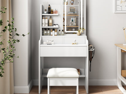 Fashion Vanity Desk With Mirror And Lights For Makeup, Hair Dryer Holder And Chair, Adjustable Lighting - White